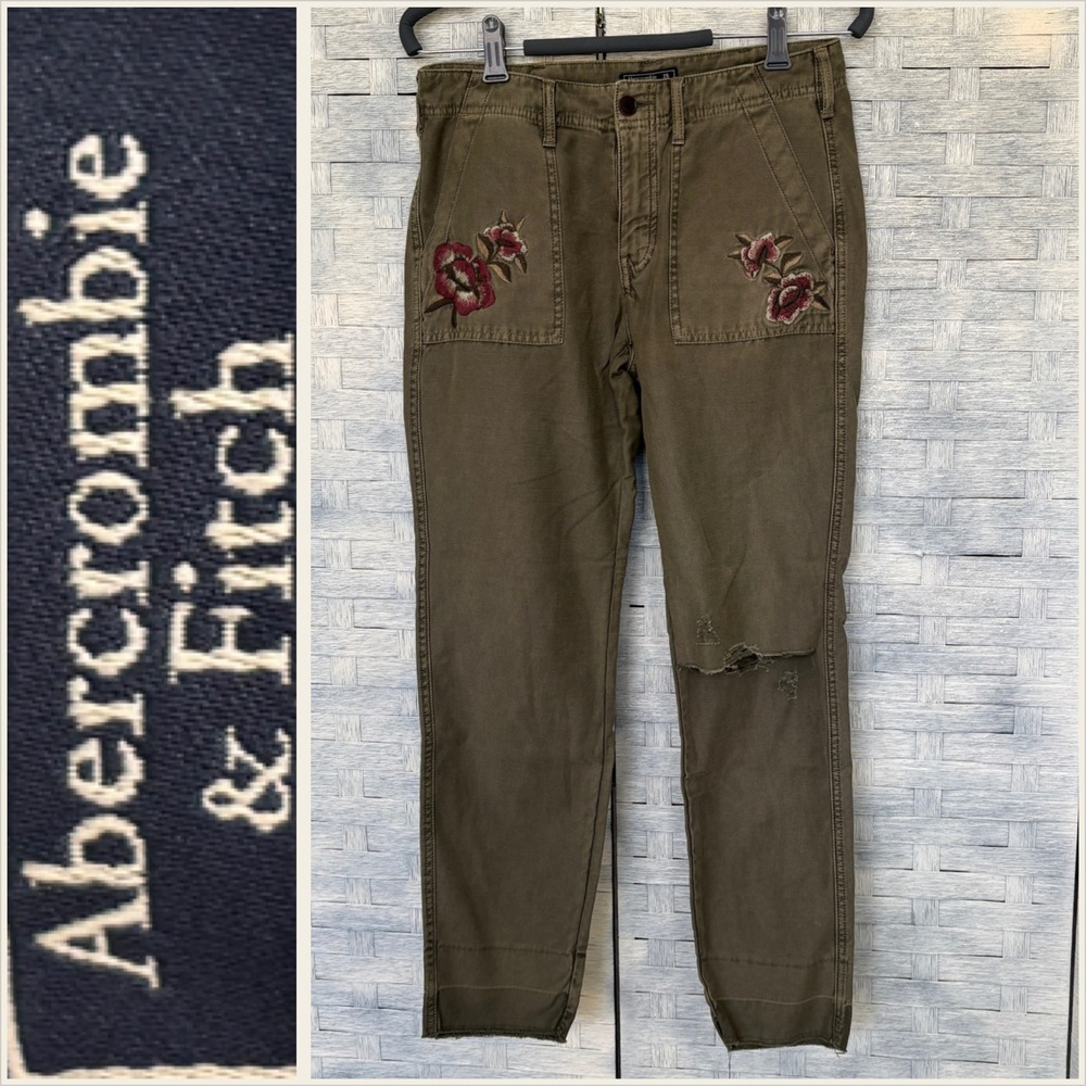 Abercrombie Fitch Ames Low Rise Slim Boyfriend Olive Green Embroidered Womens 25